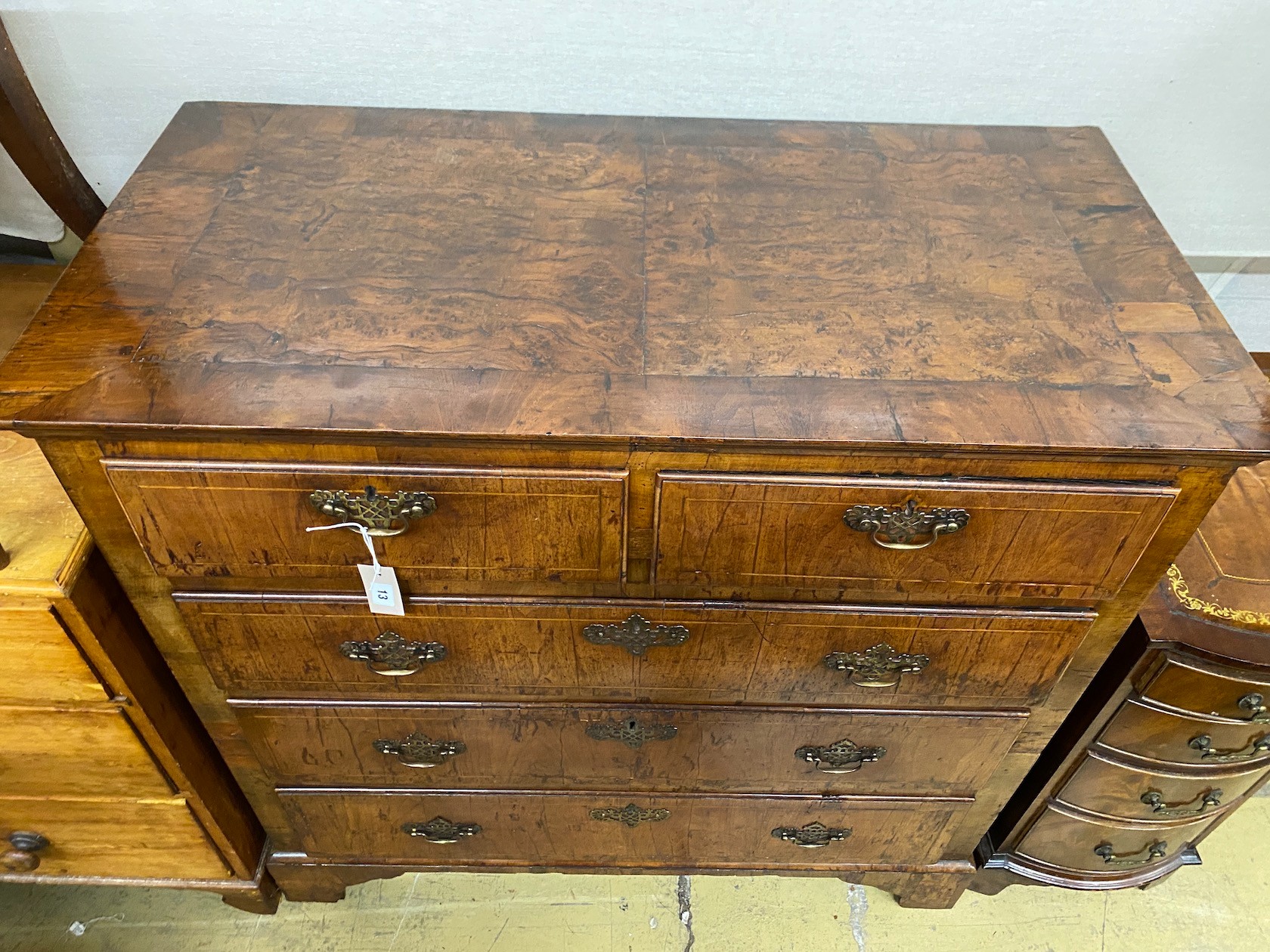 A late 18th century box wood strung walnut two part chest of drawers, width 110cm, depth 56cm, height 109cm